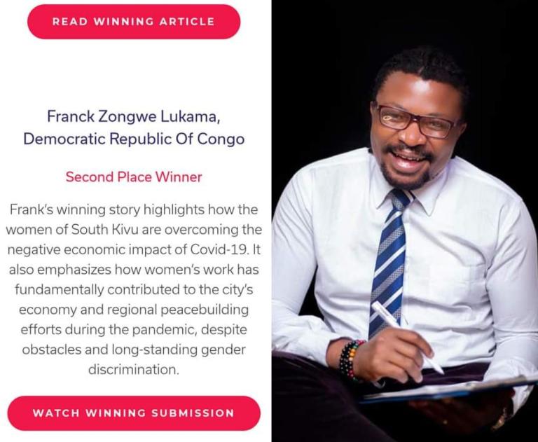 RDC/ CULTURE : Le journaliste Franck Zongwe, vient de remporter le Prix international relatif à la promotion de la résolution 1325 des Nations Unies